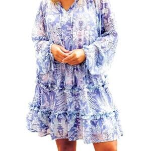 ADRIENNE Paisley Sheer Ruffle Long‎ Sleeve Mini Dress in Periwinkle-Size S